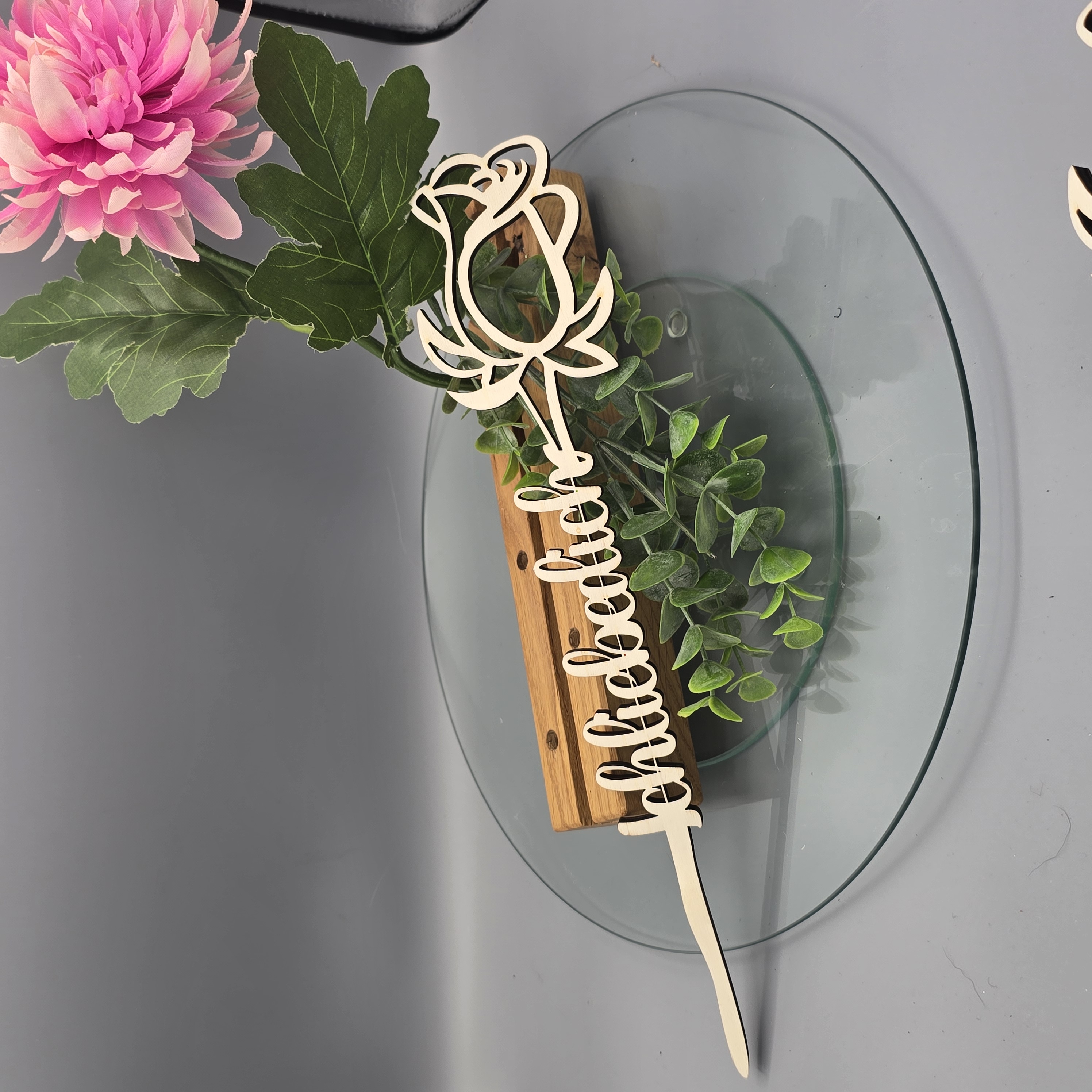 Holzrose lasergeschnitten mit Spruch